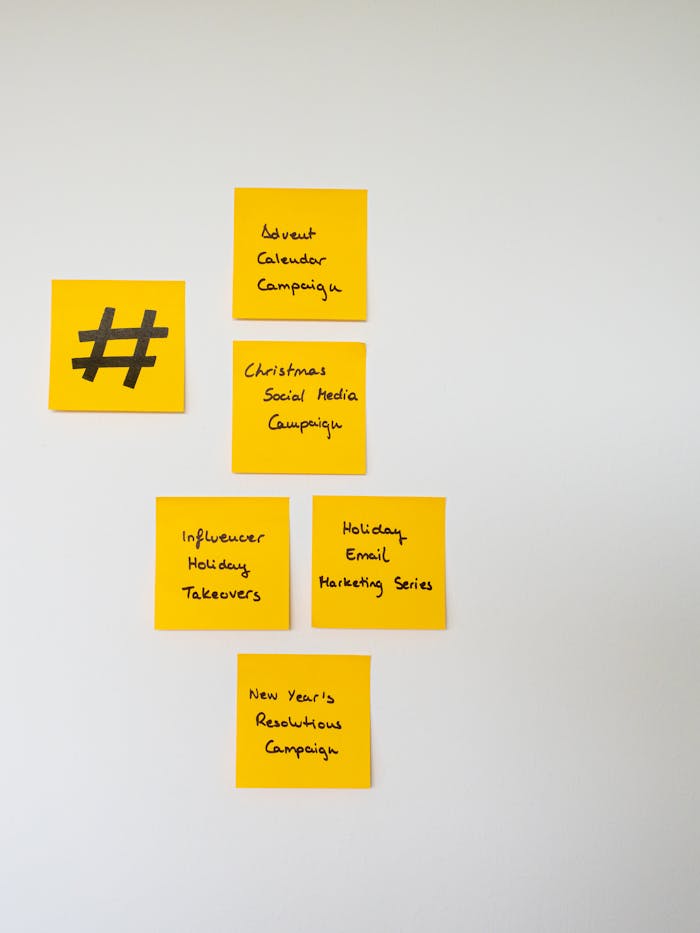 about-us Yellow sticky notes with handwritten marketing campaign ideas on a wall.